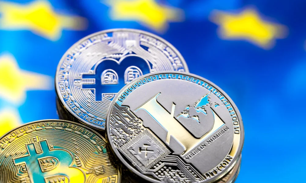 coins bitcoin litecoin background europe concept virtual money