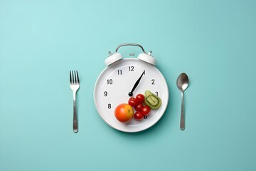 Sebuah jam weker putih dengan buah-buahan dan sayuran di atas permukaan jam, diapit oleh garpu dan sendok di latar belakang biru, melambangkan konsep Smart Nutrition dan jam makan yang dipersonalisasi.