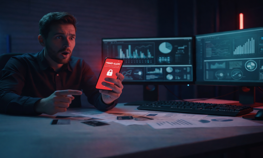 Pria terkejut melihat peringatan penipuan pada ponsel sebagai ilustrasi keamanan di Data Privacy Day 2026.