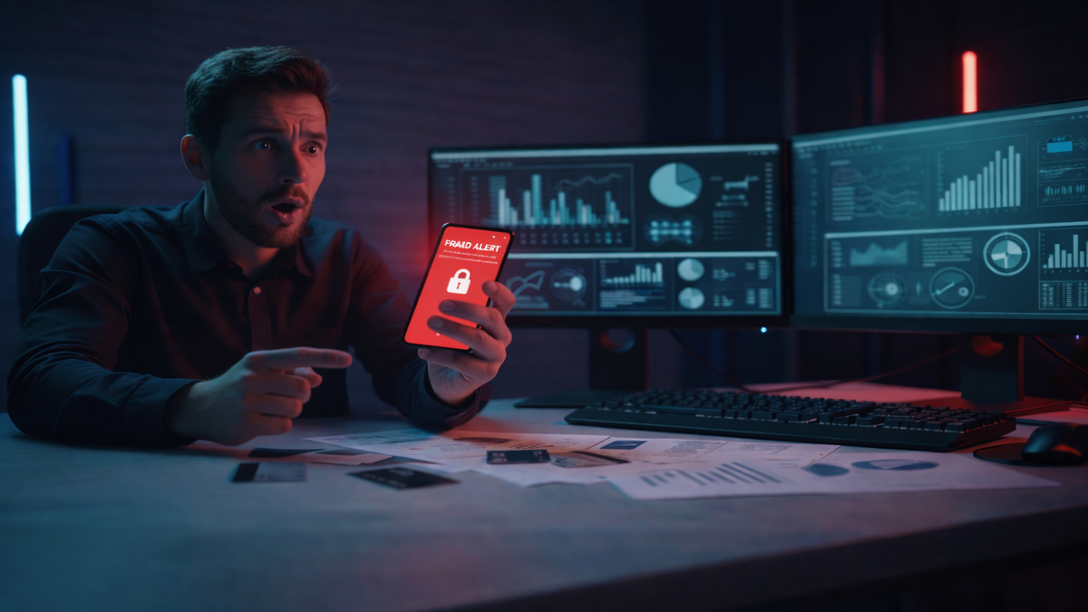 Pria terkejut melihat peringatan penipuan pada ponsel sebagai ilustrasi keamanan di Data Privacy Day 2026.