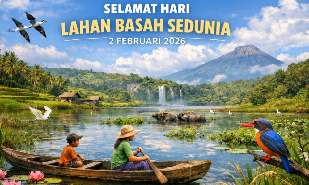 Poster Hari Lahan Basah Sedunia 2 Februari 2026 dengan latar pemandangan alam Indonesia, pegunungan, danau, dan orang di atas perahu.