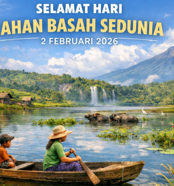 Poster Hari Lahan Basah Sedunia 2 Februari 2026 dengan latar pemandangan alam Indonesia, pegunungan, danau, dan orang di atas perahu.