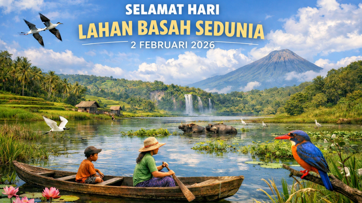Poster Hari Lahan Basah Sedunia 2 Februari 2026 dengan latar pemandangan alam Indonesia, pegunungan, danau, dan orang di atas perahu.