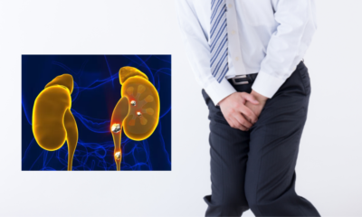 gambar ilustrasi ginjal dan orang yang sedang menahan pipis