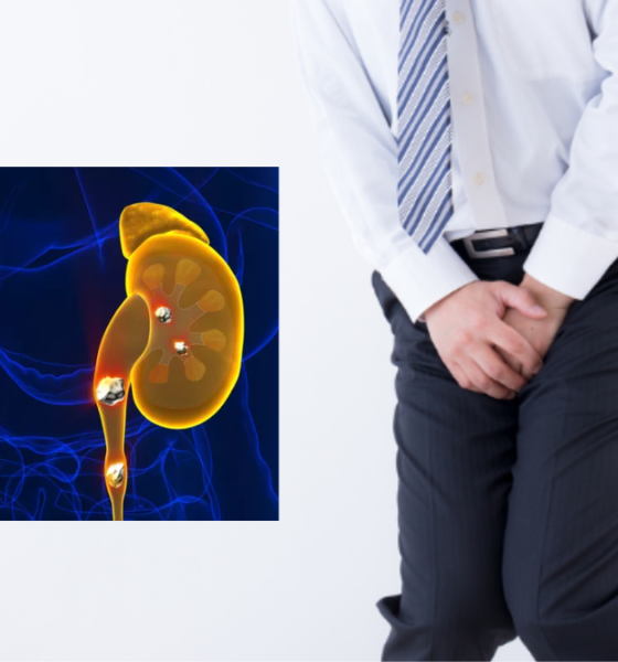 gambar ilustrasi ginjal dan orang yang sedang menahan pipis