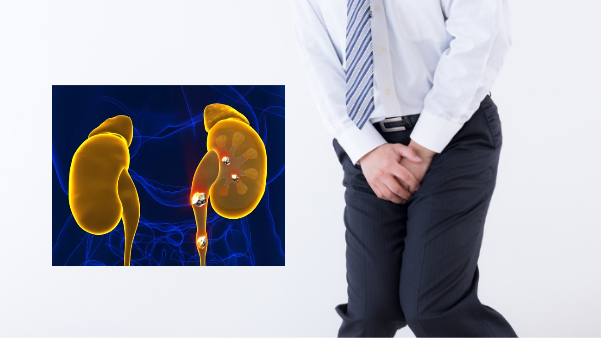 gambar ilustrasi ginjal dan orang yang sedang menahan pipis