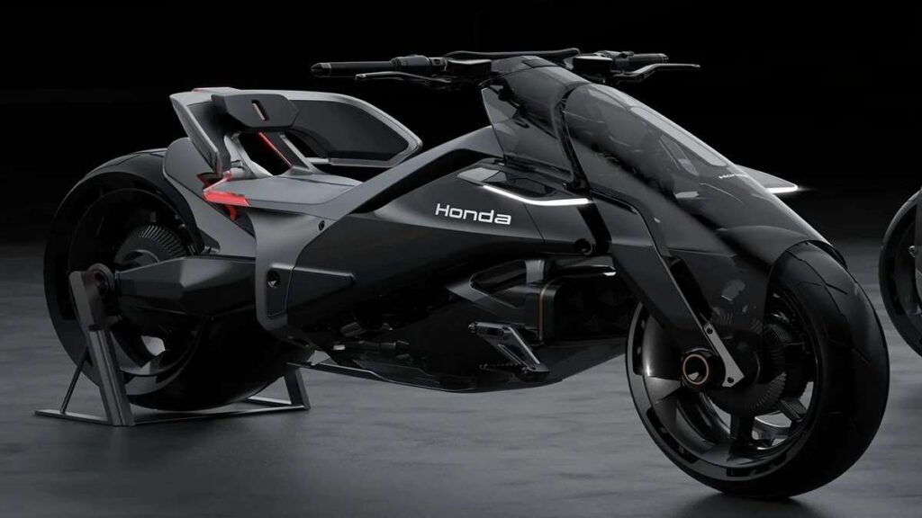 Motor Honda EV Outlier Resmi Sabet Red Dot Award 2026 Pukau Dunia 52 Motor Honda raih penghargaan dan puka dunia, Konsep sepeda motor futuristik hitam Honda dengan desain aerodinamis di atas dudukan