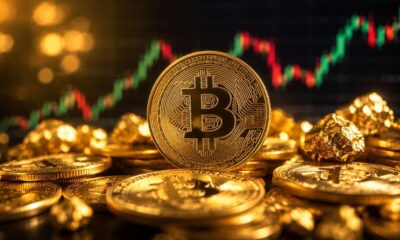 Koin fisik Bitcoin emas di antara tumpukan koin dengan latar belakang grafik perdagangan kripto yang naik turun
