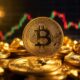 Harga Bitcoin Melesat, Kapitalisasi Pasar Bertambah Rp 6.202 Triliun 53 Koin fisik Bitcoin emas di antara tumpukan koin dengan latar belakang grafik perdagangan kripto yang naik turun