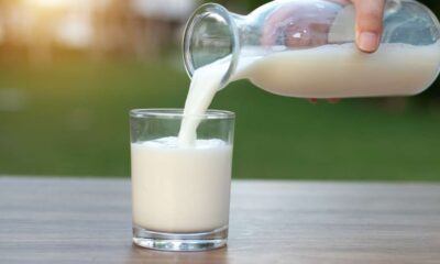 Seseorang menuangkan susu dari botol kaca ke dalam gelas di atas meja kayu