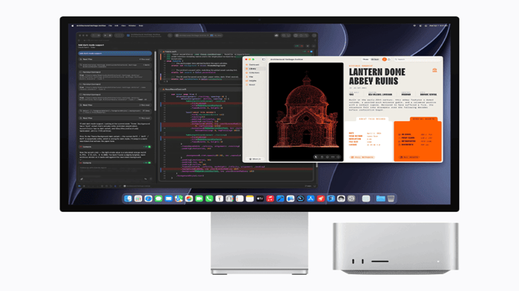Kehadiran Mac Mini M6 dan Mac Studio M5 Ultra Dobrak Batas Komputasi Desktop 53 Studio Display dan Mac Studio di atas meja dengan beberapa jendela aplikasi terbuka di layarnya