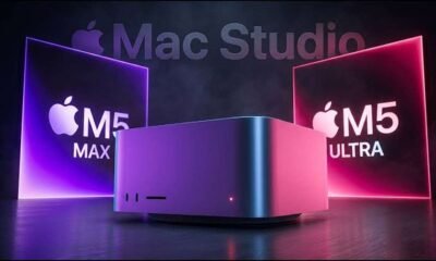Mac Studio dengan latar belakang chip M5 Max dan M5 Ultra bercahaya ungu dan merah muda
