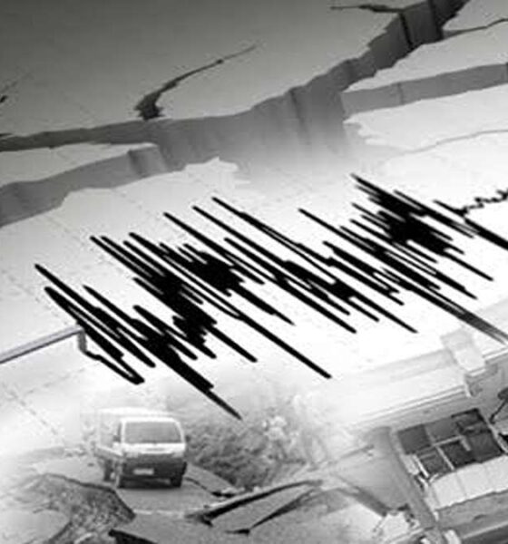 Ilustrasi grafik gempa bumi dengan latar belakang retakan tanah dan bangunan rusak