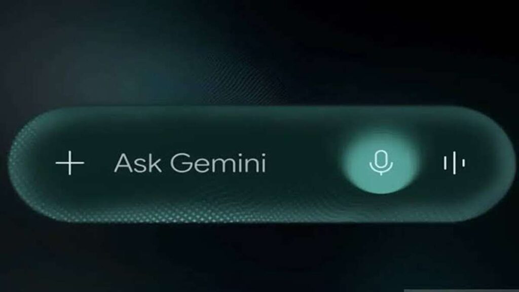 Tampilan antarmuka Ask Gemini dengan ikon plus, tombol mikrofon, dan kontrol audio