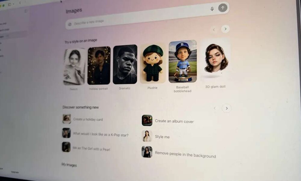 Tampilan layar antarmuka aplikasi pembuat gambar berbasis AI yang menampilkan berbagai pilihan gaya visual seperti sketsa, potret liburan, dramatis, plushie, kepala goyang bisbol, dan boneka glamor 3D