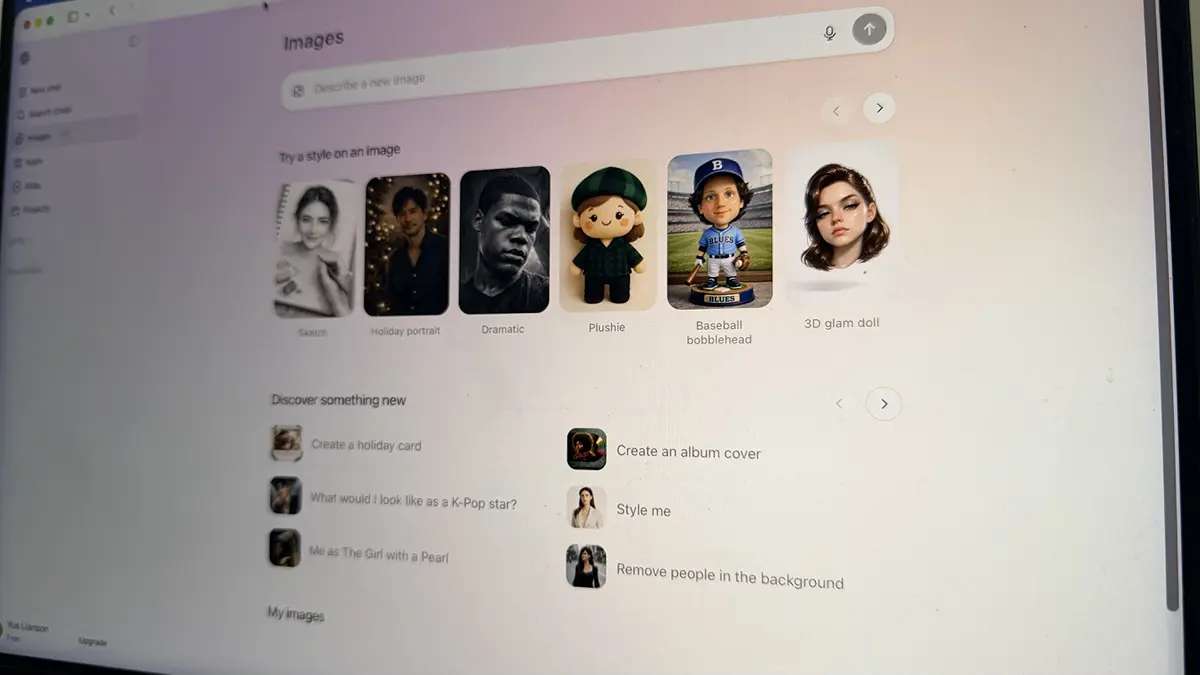 Tampilan layar antarmuka aplikasi pembuat gambar berbasis AI yang menampilkan berbagai pilihan gaya visual seperti sketsa, potret liburan, dramatis, plushie, kepala goyang bisbol, dan boneka glamor 3D
