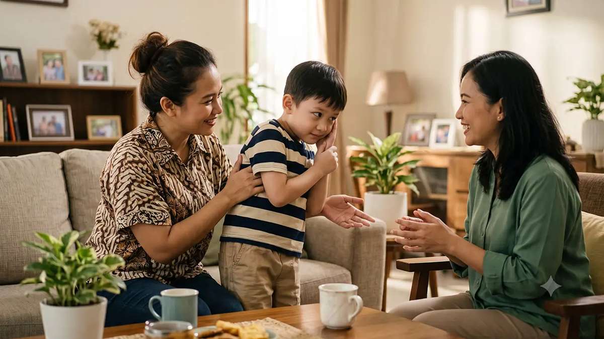 Latih 5 Kalimat Agar Anak Berani Bicara demi Masa Depan Si Kecil 52 Seorang anak laki-laki bersama ibu dan neneknya di ruang keluarga yang hangat