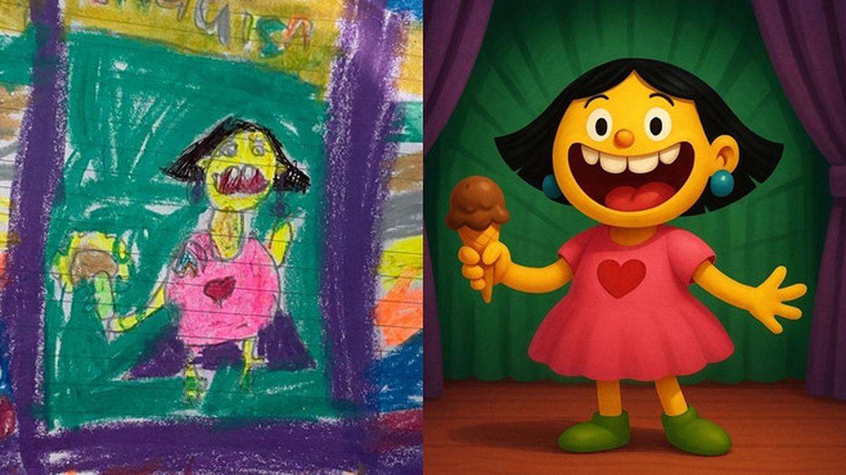 Perbandingan gambar krayon anak-anak dan versi render digital 3D karakter seorang anak perempuan yang tersenyum ceria sambil memegang es krim di atas panggung