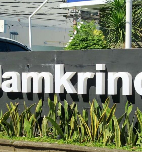 Papan nama perusahaan Jamkrindo berwarna putih dengan latar belakang dinding abu-abu dan tanaman hias di depannya