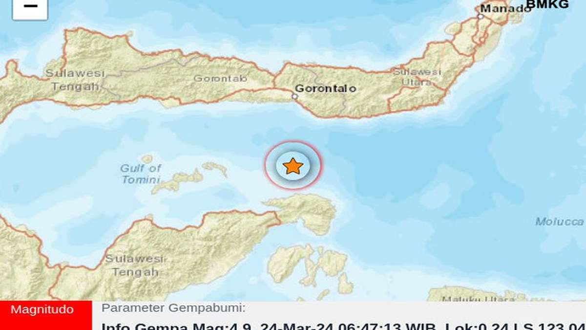 Peta lokasi gempa bumi di Teluk Tomini dengan pusat gempa ditandai ikon bintang merah