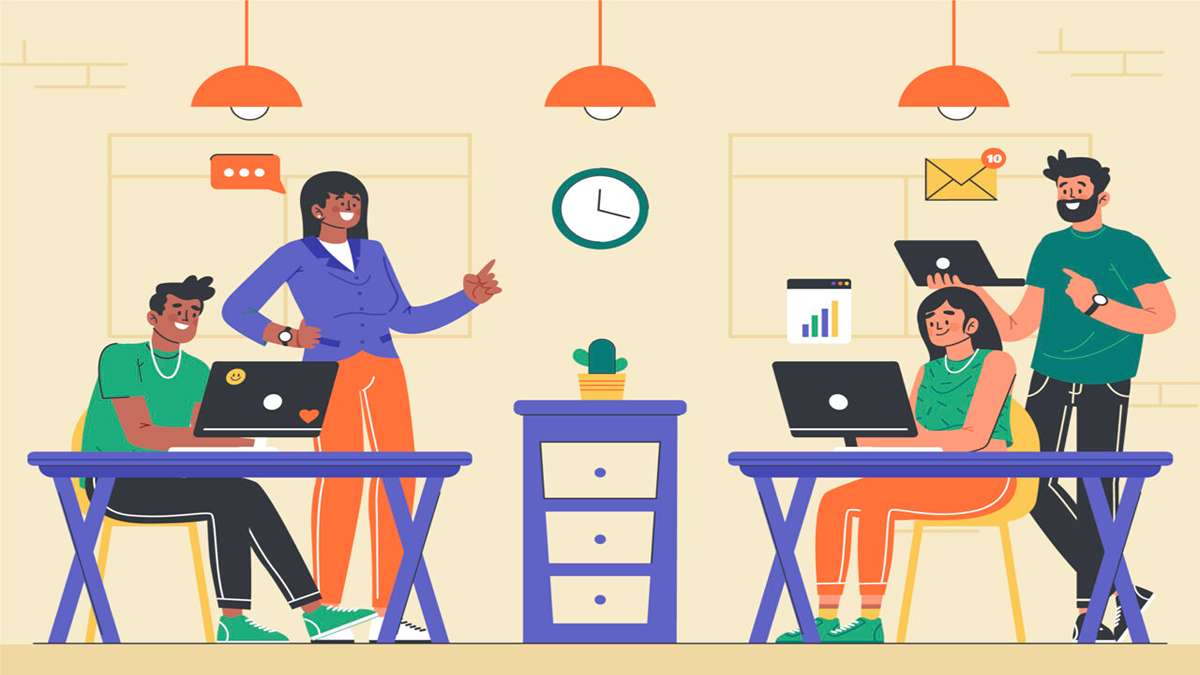 Canggih! Begini Cara Kerja fitur minimize Gemini AI untuk Multitasking 53 Ilustrasi rekan kerja yang berkolaborasi dan bekerja bersama menggunakan laptop di kantor