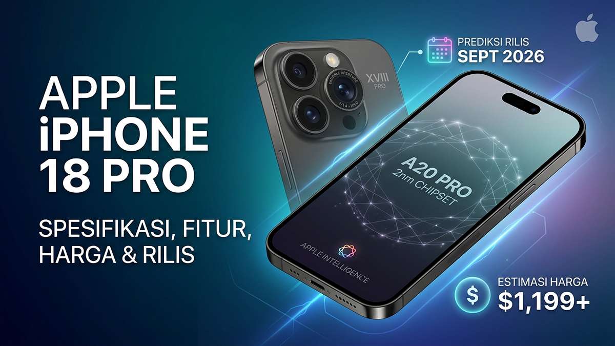 Infografis konsep Apple iPhone 18 Pro dengan prediksi rilis September 2026 dan estimasi harga mulai 1.199 dolar AS