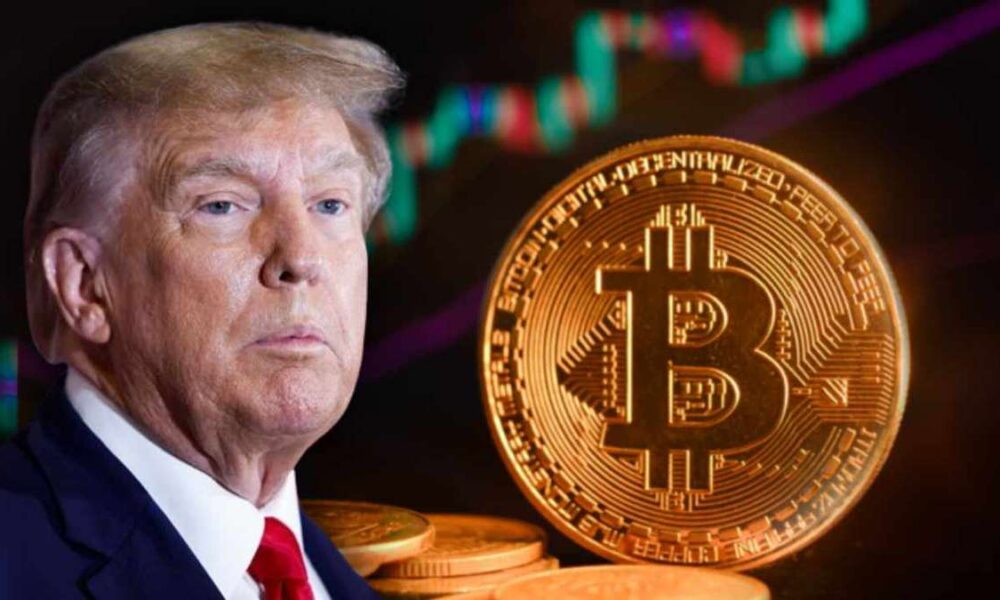 Donald Trump dengan koin fisik Bitcoin dan grafik pasar keuangan di latar belakang
