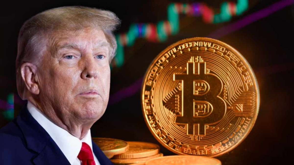 Koin US$ 1 Bergambar Donald Trump Laku Keras dalam Hitungan Jam 50 Donald Trump dengan koin fisik Bitcoin dan grafik pasar keuangan di latar belakang