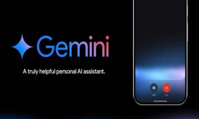Logo Gemini dengan teks A truly helpful personal AI assistant dan tampilan antarmuka asisten suara pada layar ponsel