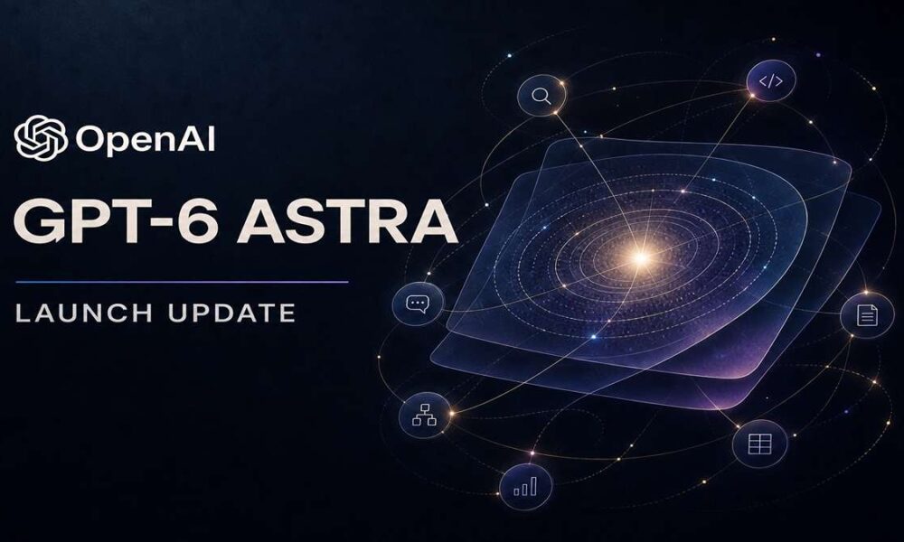 OpenAI GPT-6 Astra Launch Update dengan ilustrasi galaksi dan ikon fitur teknologi