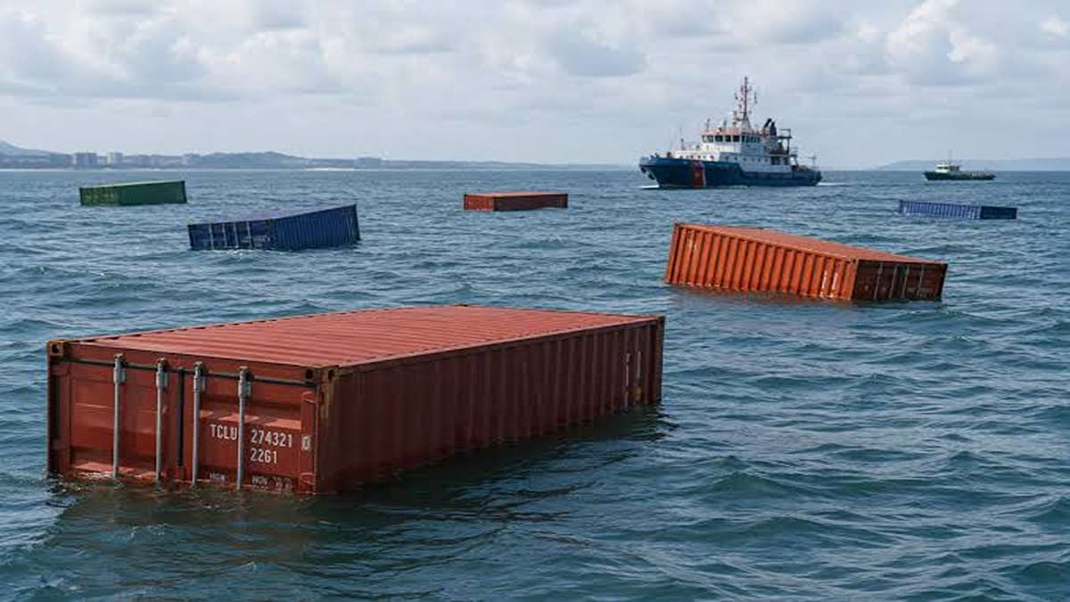 Kapal Kargo Tenggelam di Istanbul 10 Awak Hilang Mencekam 52 Kapal Kargo Tenggelam di Istanbul 10 Awak Hilang Mencekam, Beberapa kontainer pengiriman terapung di permukaan laut dengan kapal penyelamat di latar belakang