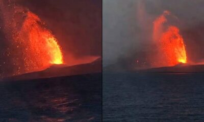 Dua foto yang menampilkan letusan gunung berapi memuntahkan lahar pijar merah menyala di dekat perairan