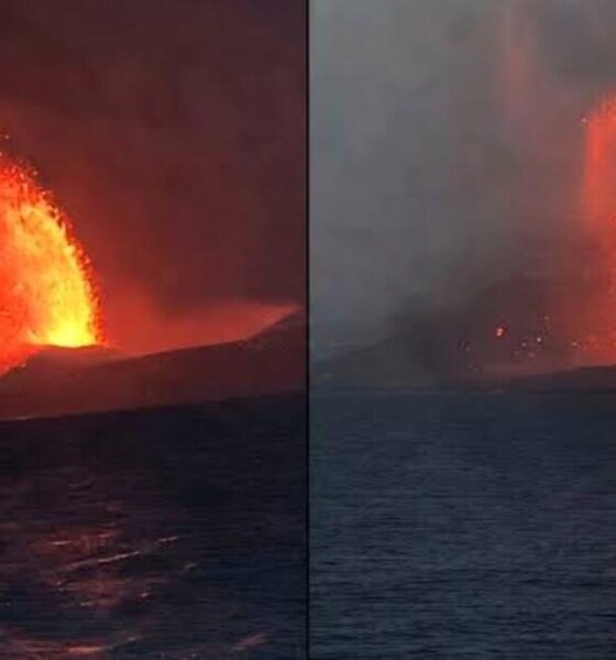 Dua foto yang menampilkan letusan gunung berapi memuntahkan lahar pijar merah menyala di dekat perairan