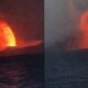 Dua foto yang menampilkan letusan gunung berapi memuntahkan lahar pijar merah menyala di dekat perairan