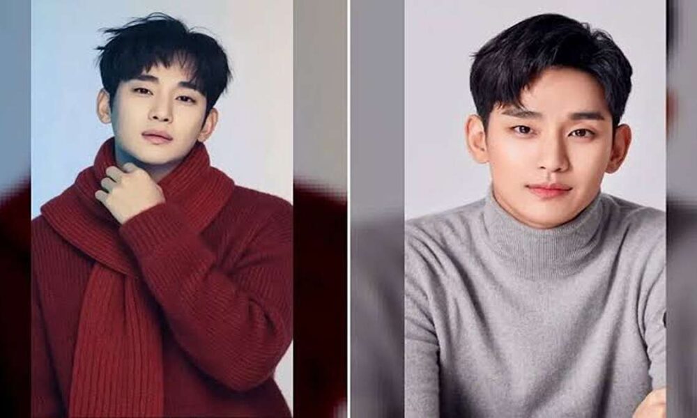 Dua foto Kim Soo-hyun berdampingan, mengenakan sweter merah dengan selendang dan sweter abu-abu ker tinggi