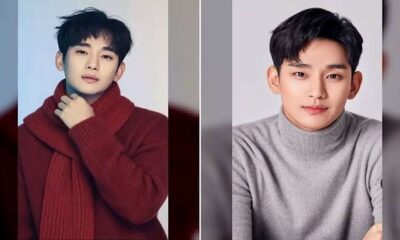 Dua foto Kim Soo-hyun berdampingan, mengenakan sweter merah dengan selendang dan sweter abu-abu ker tinggi
