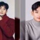 Dua foto Kim Soo-hyun berdampingan, mengenakan sweter merah dengan selendang dan sweter abu-abu ker tinggi