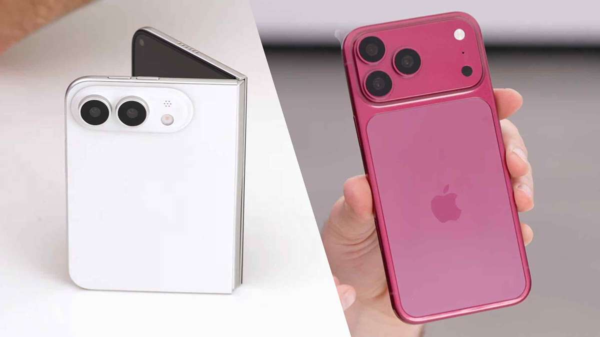 Dua konsep desain ponsel lipat dan iPhone berwarna merah muda yang dipegang tangan